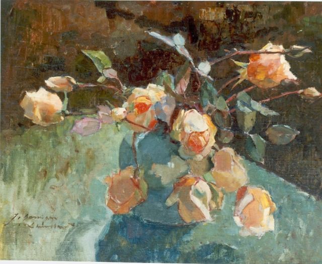 Jacoba van Groningen-Laurillard | Bloemstilleven van gele rozen, olieverf op doek op paneel, 39,5 x 50,0 cm, gesigneerd l.o.