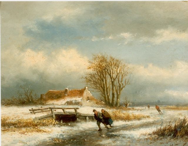 Georgius Heerebaart | Schaatsers op bevroren vaart, olieverf op paneel, 17,3 x 23,0 cm, gesigneerd r.o.