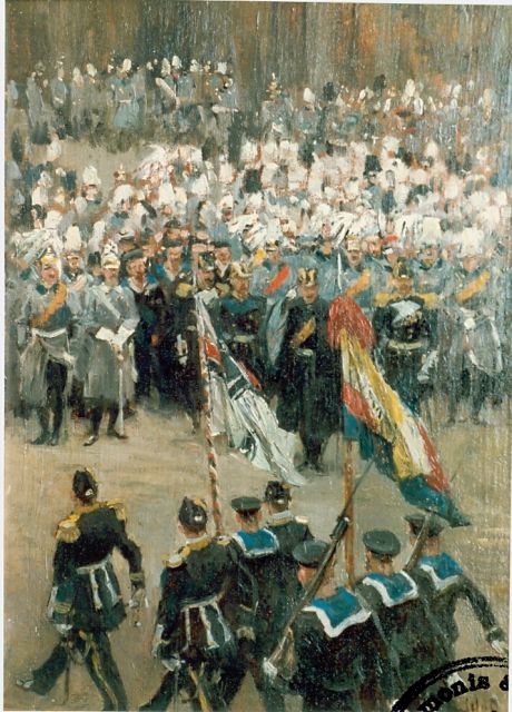 Jan Hoynck van Papendrecht | Defilé voor keizer Wilhelm, olieverf op doek op paneel, 37,0 x 27,0 cm, gesigneerd r.o. en gedateerd 1901