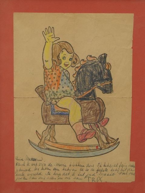 Prinses Beatrix van Oranje Nassau | Meisje op hobbelpaard, kleurpotlood op papier, 27,7 x 19,7 cm, gesigneerd r.o.