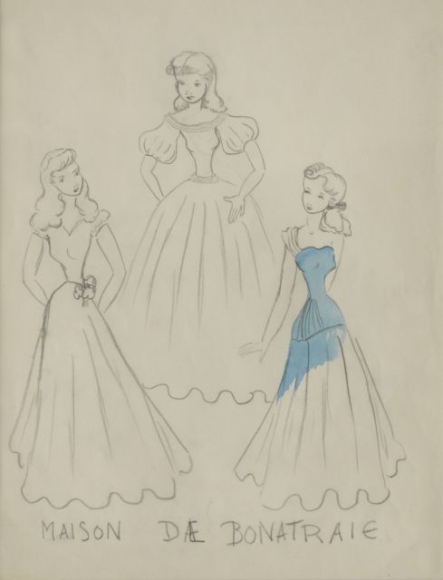 Prinses Beatrix van Oranje Nassau | Mannequins bij de Bonneterie, potlood en blauwe inkt op papier, 30,0 x 23,0 cm