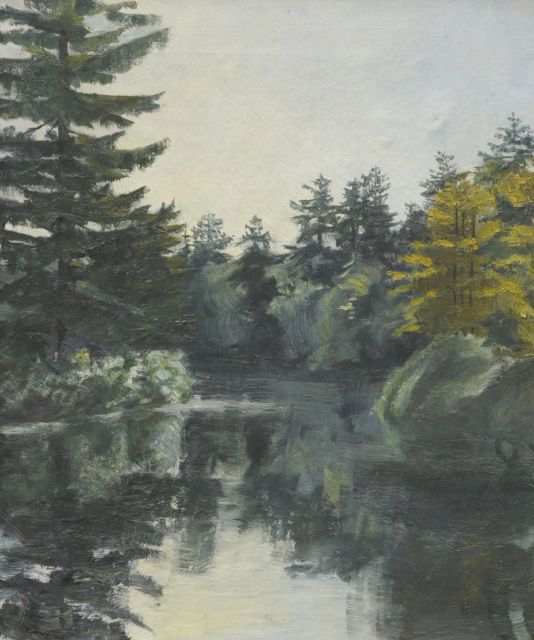 Koningin Wilhelmina van Oranje-Nassau | Vijver bij Paleis Het Loo, olieverf op doek, 55,0 x 44,8 cm, gesigneerd r.o. met initiaal 'W' en gedateerd '9/28'