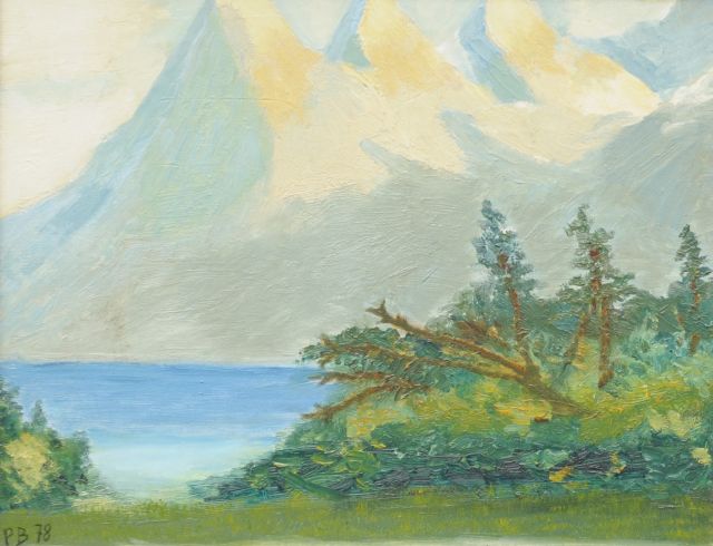 Lippe-Biesterfeld 'Prins Bernhard' B.L.F.E.J.C.K.G.P. van | Landschap met bergmeer, olieverf op schildersboard 25,5 x 37,5 cm, gesigneerd met mon. P.B. l.o. en gedateerd '78