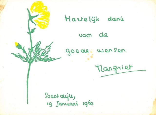 Prinses Margriet van Oranje-Nassau | Boterbloem, groene en gele inkt op papier (ansichtkaart), 11,0 x 15,0 cm, gesigneerd in het midden en gedateerd 'Soestdijk, 19 januari 1960'