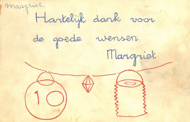 Prinses Margriet van Oranje-Nassau | Lampionnen aan een lijn, rode en blauwe inkt op papier (ansichtkaart), 9,0 x 14,0 cm, gesigneerd in het midden