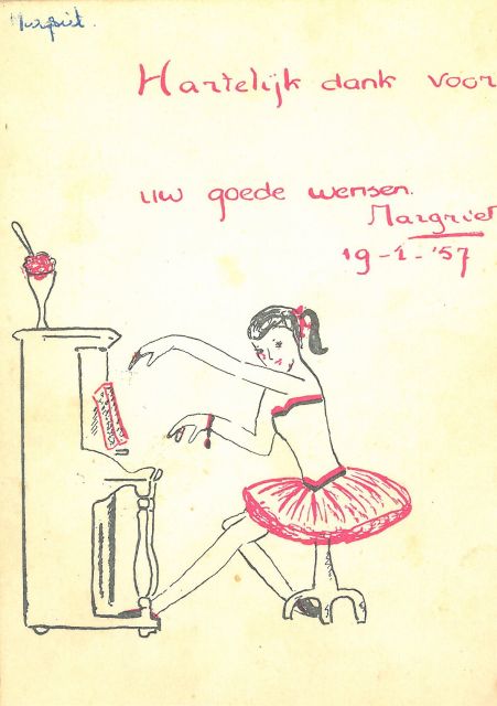 Prinses Margriet van Oranje-Nassau | Ballerina aan piano, roze en zwarte inkt op papier (ansichtkaart), 15,0 x 10,5 cm, gesigneerd r.m. en gedateerd 19-1-'57