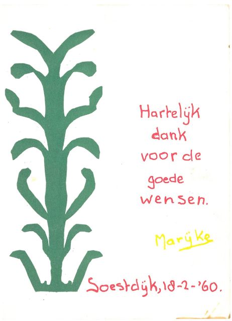 Oranje-Nassau (Prinses Christina) M.C. van | Groene plant, groene, rode en gele inkt op papier (ansichtkaart) 14,5 x 10,5 cm, 'Soestdijk, 18-2-'60'
