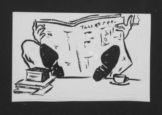 Prinses Beatrix van Oranje Nassau | Student met De Telegraaf, potlood en Oost-Indische inkt op papier, 8,5 x 13,0 cm, gesigneerd niet te koop; coll. Ouborg Group, Breda en te dateren augustus 1960