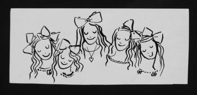 Prinses Beatrix van Oranje Nassau | Vijf meisjes, potlood en Oost-Indische inkt op papier, 6,0 x 14,0 cm, te dateren augustus 1960