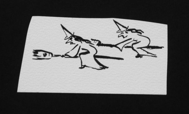 Oranje-Nassau (Prinses Beatrix) B.W.A. van | Vliegende heksen, potlood en Oost-Indische inkt op papier 5,7 x 11,3 cm, te dateren augustus 1960