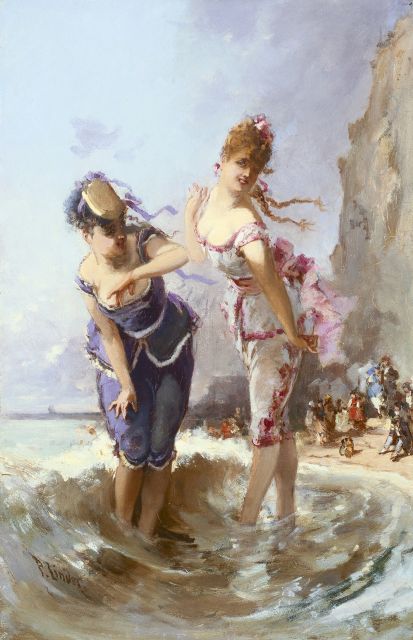 Linder P.J.  | 2 Dames aan het pootjebaden, olieverf op doek 46,0 x 30,0 cm, gesigneerd linksonder