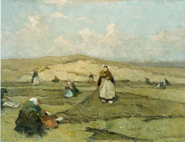 Johannes Evert Akkeringa | Nettenboetsters in de duinen, olieverf op doek, 33,0 x 45,0 cm, gesigneerd r.o.