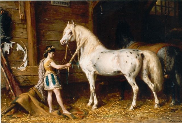 Otto Eerelman | Circusmeisje vlecht manen van haar paard, olieverf op paneel, 44,0 x 67,0 cm, gesigneerd r.o.