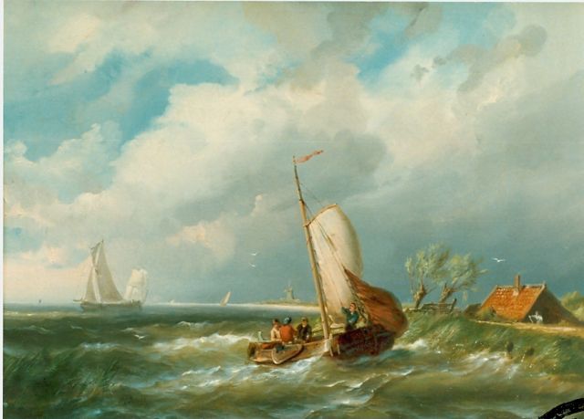 Pieter Cornelis  Dommershuijzen | Zeilschepen nabij de kust, olieverf op doek, 34,8 x 46,3 cm, gesigneerd l.o. en gedateerd 1858