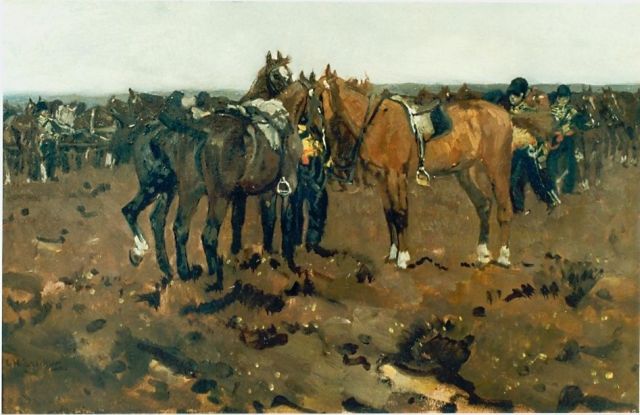 George Hendrik Breitner | Rustende paarden van artillerie, olieverf op paneel, 26,0 x 40,0 cm, gesigneerd l.o.