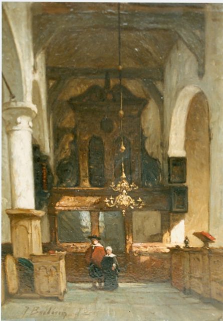 Johannes Bosboom | Kerkinterieur met twee figuren, olieverf op paneel, 24,0 x 17,0 cm, gesigneerd l.o.