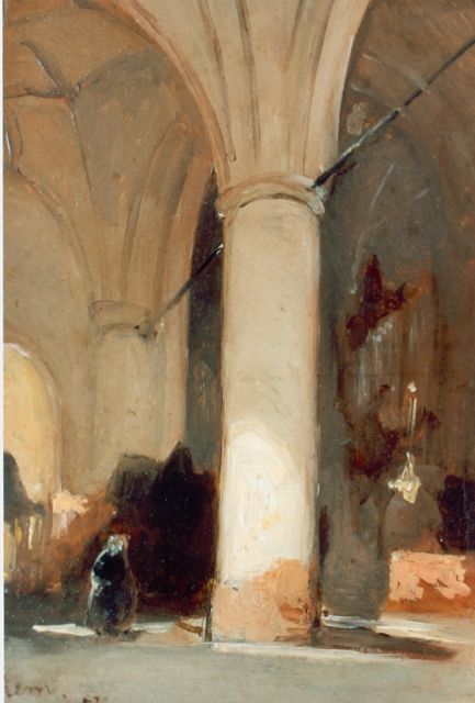 Johannes Bosboom | Kerk interieur te Hattem, olieverf op doek op paneel, 17,7 x 12,4 cm, gesigneerd l.o. en gedateerd '57
