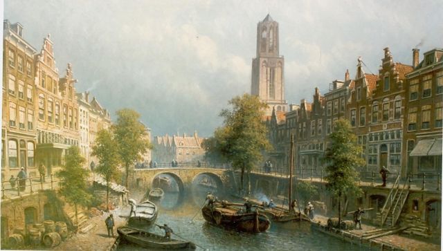 Eduard Alexander Hilverdink | Gezicht op Oudegracht te Utrecht, olieverf op doek, 46,0 x 77,0 cm, gesigneerd l.o. en gedateerd '88