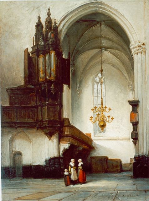 Johannes Bosboom | Twee vrouwen met een kind in kerk, olieverf op paneel, gesigneerd r.o.