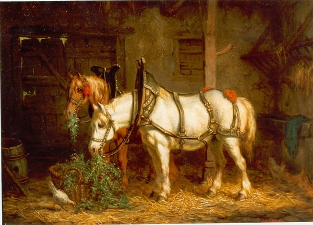 Willem Johan Boogaard | Tuigpaarden in de stal, olieverf op paneel, 19,8 x 26,9 cm, gesigneerd r.o.
