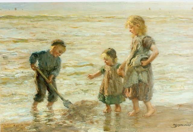 Bernard Blommers | Spelende kinderen op het strand, olieverf op doek, 30,5 x 46,0 cm, gesigneerd l.o.