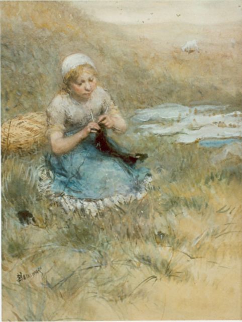 Bernard Blommers | Meisje met haar breiwerk in de duinen, aquarel op papier, 48,3 x 35,5 cm, gesigneerd l.o.