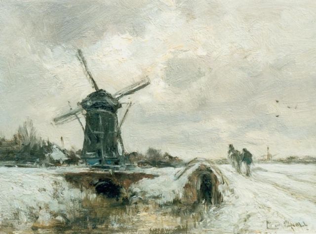 Louis Apol | Winters molenlandschap met boerenpaard, olieverf op paneel, 20,0 x 27,0 cm, gesigneerd r.o.
