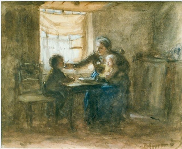 Bernard Blommers | Moeder geeft haar kind te eten, aquarel op papier, 16,0 x 20,0 cm, gesigneerd r.o.