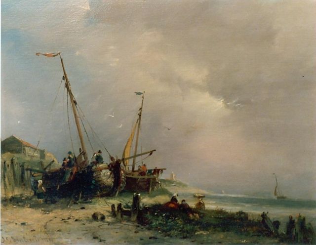 Adrianus David Hilleveld | Vissers en bommen op het strand, olieverf op paneel, 25,0 x 32,0 cm, gesigneerd l.o. en gedateerd 1881