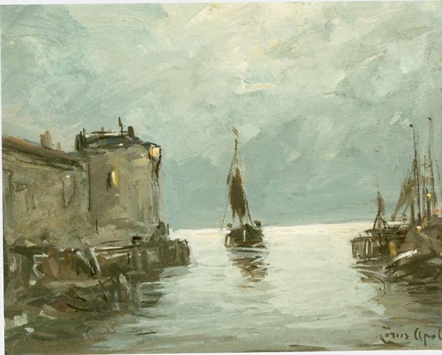 Louis Apol | Schepen in de haven van Veere, gouache op board, 11,0 x 14,0 cm, gesigneerd r.o.