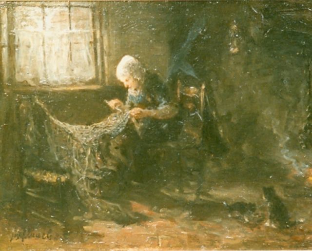 Jozef Israëls | Nettenboetster bij haardvuur, olieverf op paneel, 32,9 x 44,2 cm, gesigneerd l.o.