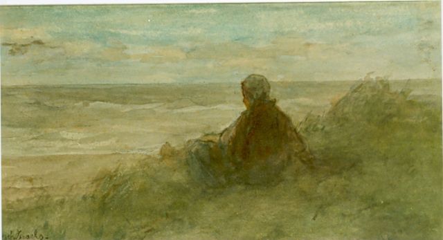 Jozef Israëls | Meisje op duintop, uitkijkend over de zee, aquarel op papier, 17,0 x 31,0 cm, gesigneerd l.o.