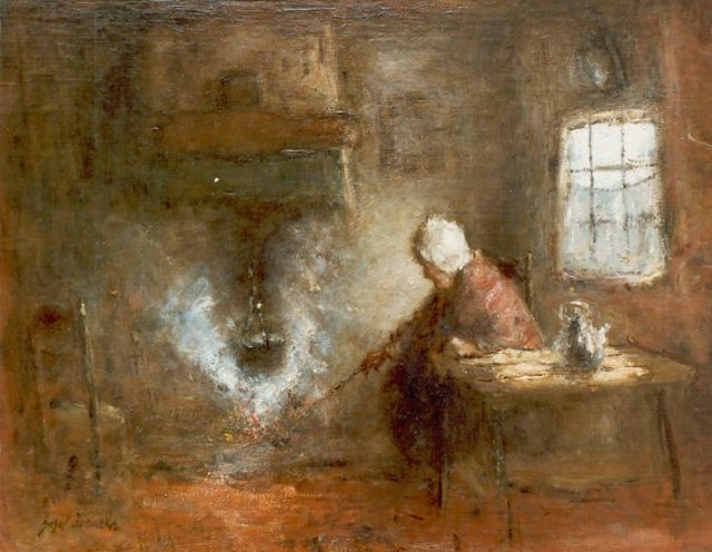 Jozef Israëls | Interieur met oude vrouw bij kookpot, olieverf op doek, 43,0 x 53,0 cm, gesigneerd l.o.