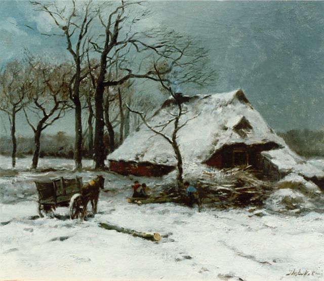 Johannes Marius ten Kate | Sprokkelaars bij besneeuwde boerderij, olieverf op doek, 40,3 x 47,3 cm, gesigneerd r.o.