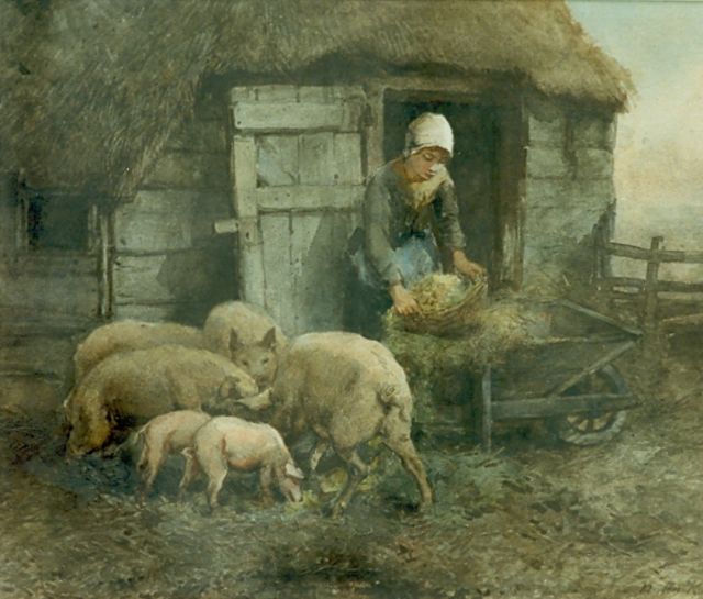 Johannes Marius ten Kate | Boerendochter voedt de varkens, aquarel op papier, 31,6 x 38,9 cm, gesigneerd r.o.