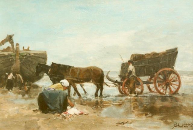 Johannes Marius ten Kate | Het uitladen van de visvangst, olieverf op paneel, 18,1 x 26,7 cm, gesigneerd r.o.