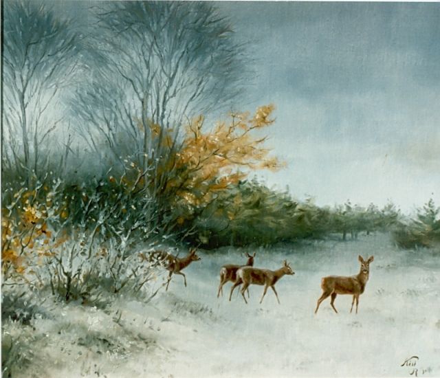 Richard Kiss | Herten in besneeuwd bos, olieverf op doek op paneel, 50,0 x 80,0 cm, gesigneerd l.o. en gedateerd '90