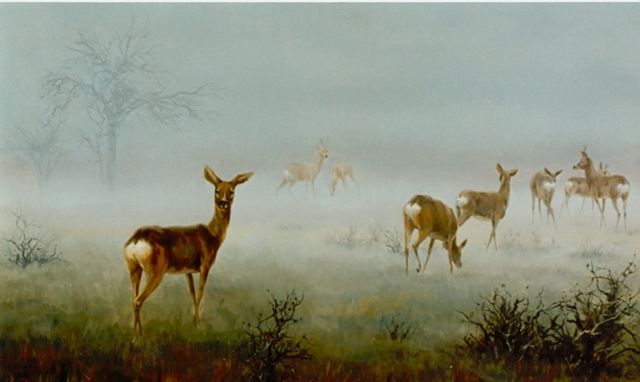 Richard Kiss | Herten in vroege ochtendmist, olieverf op paneel, 50,0 x 80,0 cm, gesigneerd l.o. en gedateerd '90