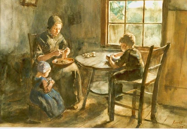 Kever J.S.H.  | Moeder helpen met aardappels schillen, aquarel op papier 40,7 x 50,5 cm, gesigneerd r.o. en gedateerd '85