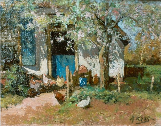 Adriaan Keus | Kippen onder een bloesemboom voor een boerderij, olieverf op karton, 17,0 x 21,0 cm, gesigneerd r.o.