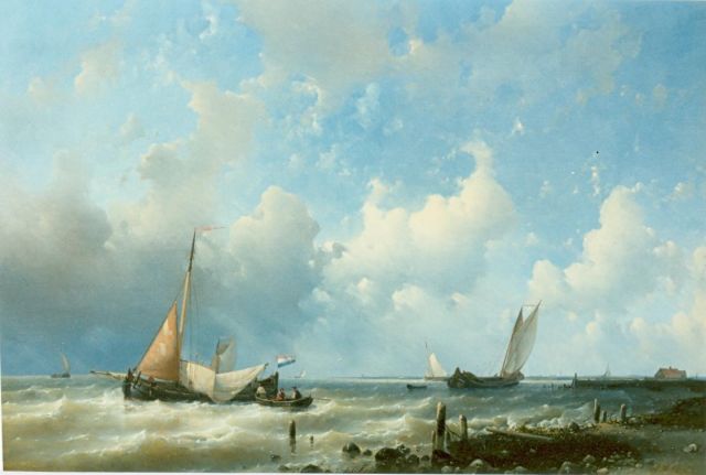 Abraham Hulk | Zeilschepen voor de Hollandse kust, olieverf op doek, 62,0 x 91,0 cm, gesigneerd r.o.