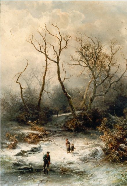 Pieter Kluyver | Winters bosgezicht met bevroren vennetje, olieverf op paneel, 49,6 x 39,7 cm, gesigneerd r.o.