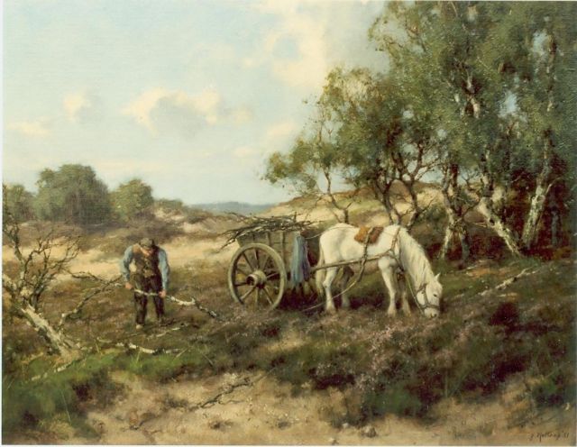 Jan Holtrup | Houtsprokkelaar met paard en wagen op de hei, olieverf op doek, 40,0 x 50,0 cm, gesigneerd r.o. en gedateerd '51