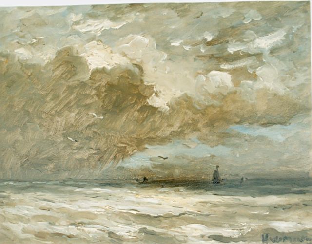 Hendrik Willem Mesdag | Zeilboten op kalme zee, olieverf op paneel, 24,7 x 32,0 cm, gesigneerd r.o.