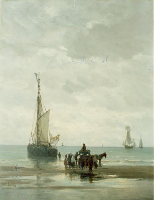 Hendrik Willem Mesdag | Bomschuit voor anker met figuren op het strand, olieverf op paneel, 53,5 x 40,6 cm, gesigneerd l.o.
