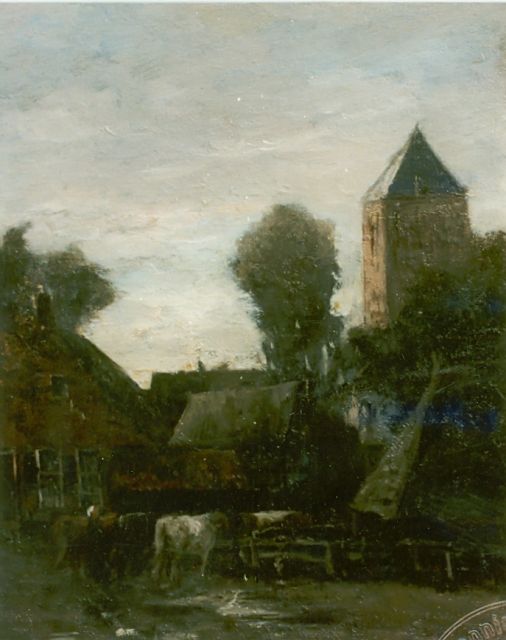 Hendrik Willem Mesdag | Koeien in een dorpje, olieverf op paneel, 31,7 x 25,4 cm