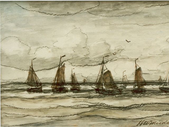 Hendrik Willem Mesdag | Zeilboten op volle zee, aquarel op papier, 13,6 x 19,6 cm, gesigneerd r.o.