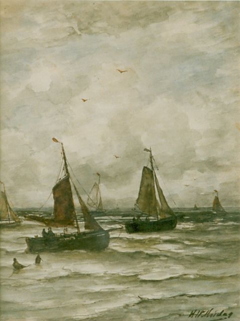 Hendrik Willem Mesdag | Boten op volle zee, aquarel op papier, 41,0 x 31,5 cm, gesigneerd r.o.