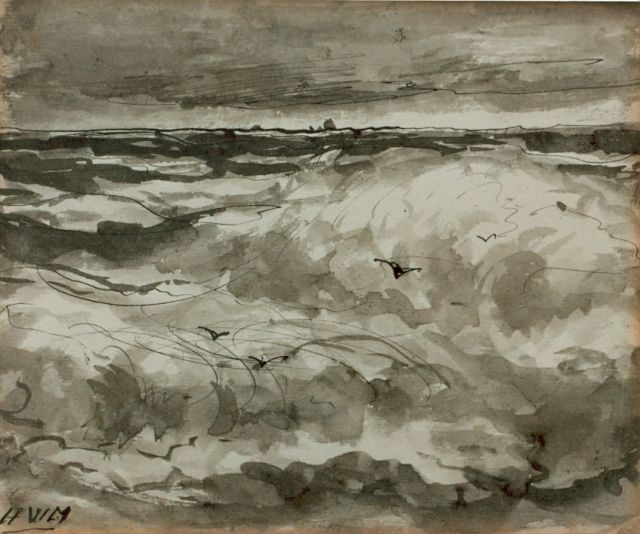 Hendrik Willem Mesdag | Golven, pen en inkt op papier, 15,7 x 18,8 cm, gesigneerd l.o. met monogram