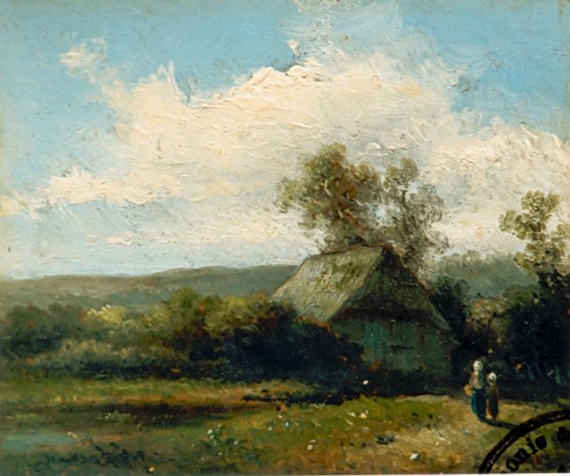 Claas Hendrik Meiners | Landschapje met boerderij en twee figuren, olieverf op paneel, 12,9 x 15,3 cm